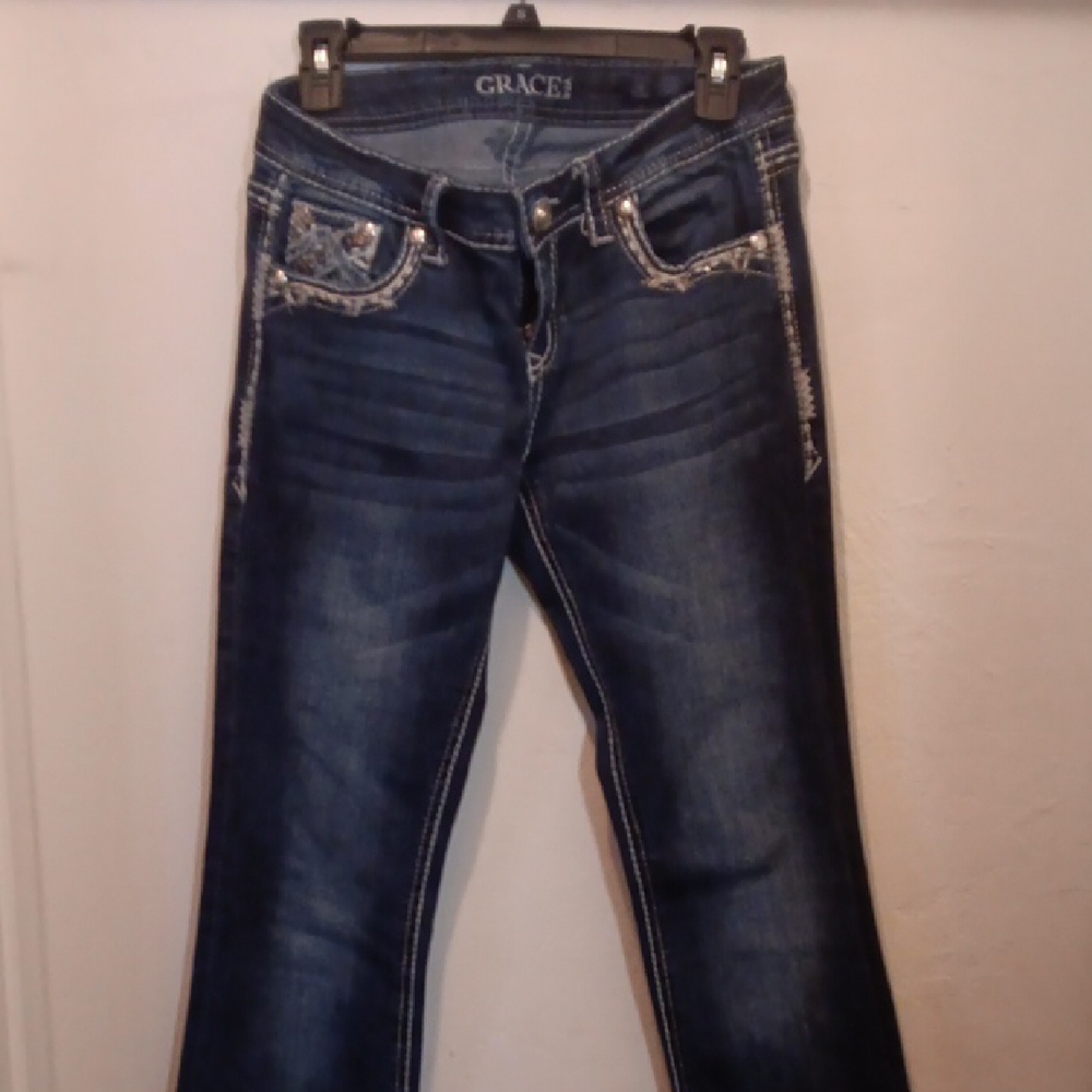 Grace in LA Dark Blue Embellished Boot Cut Jeans - Picture 3 of 3